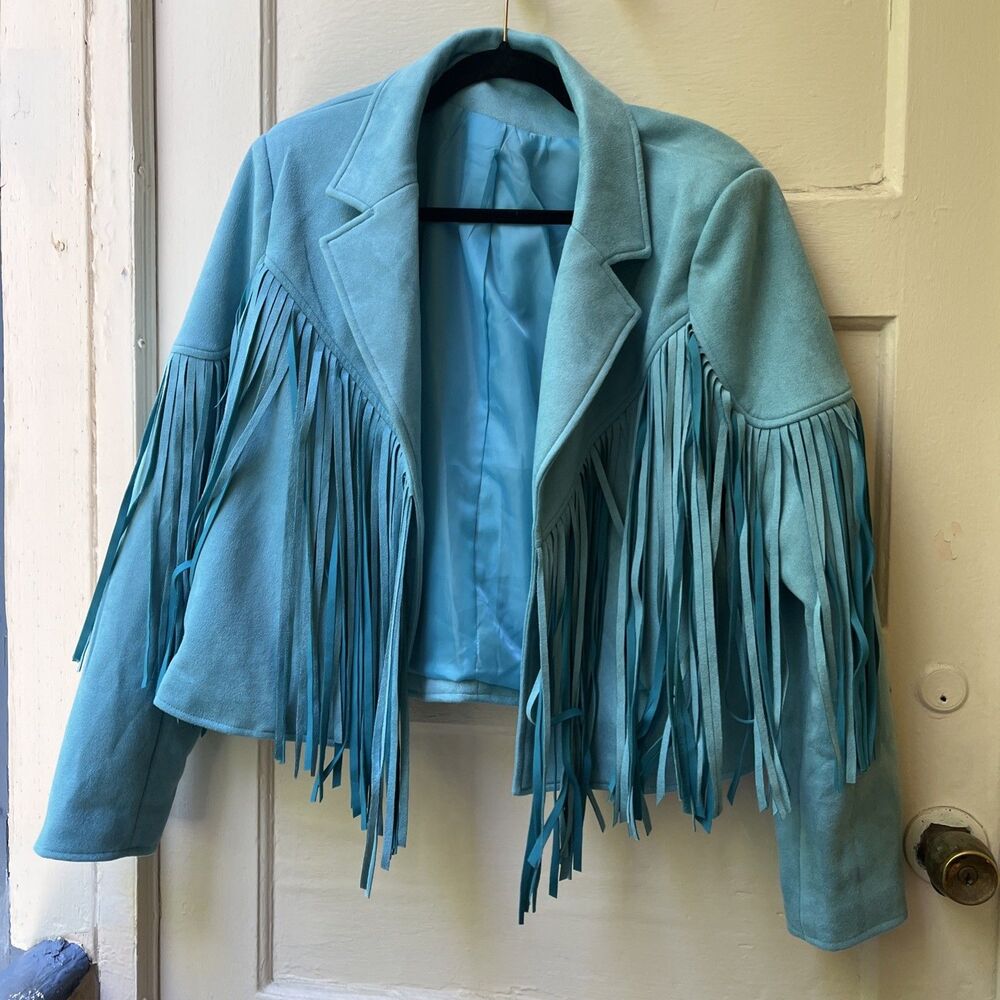 Womens Baby Blue Western Jacket L Ranch Cowgirl Festival Fringe Burning Man